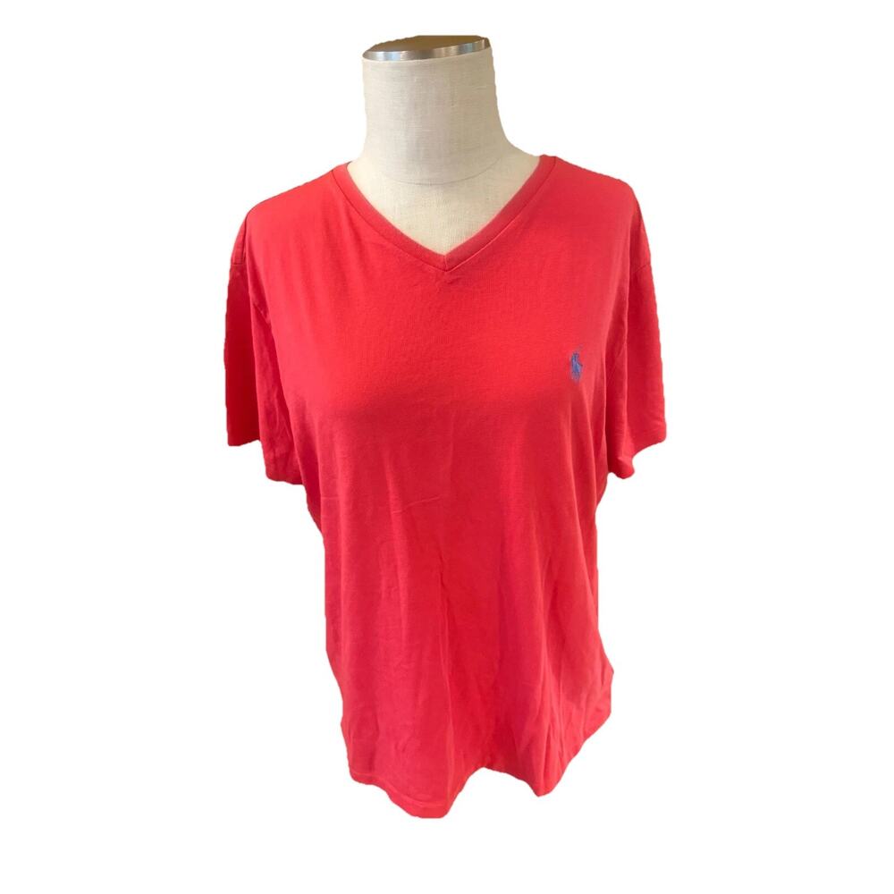 Polo Ralph Lauren Tee Shirt Womens Large Red V Neck Short Sleeve Pullover